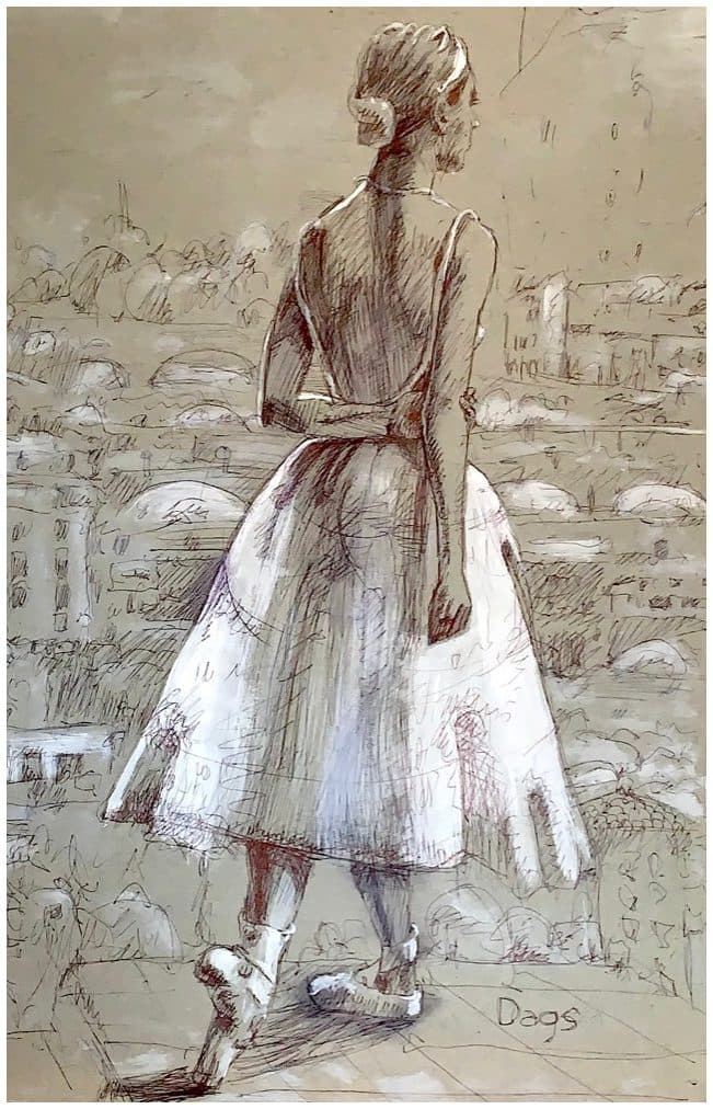 ЧЕСТНОЕ ПОЛОЖЕНИЕ. Крыша отеля ЛАТВИЯ. ink/ acryl/ paper 65x50 Dags ⓒ www.Dags.lv